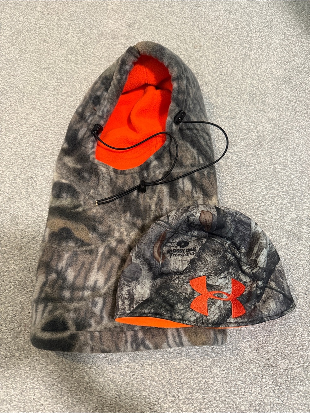 Under Armour Camo Beanie and Hooded Balaclava with Bright Orange Lining